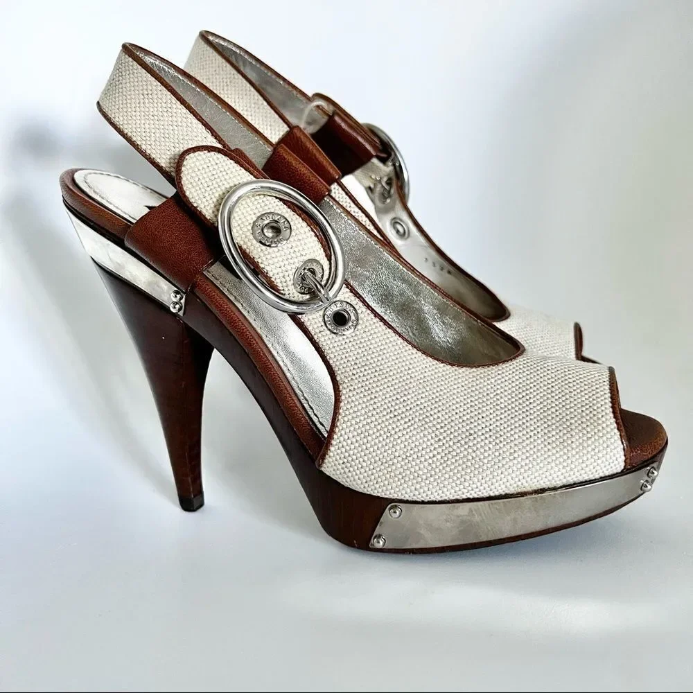 NEW Dolce & Gabbana Canvas Wooden Platform Open Toe Slingback EU 37 MSRP $795